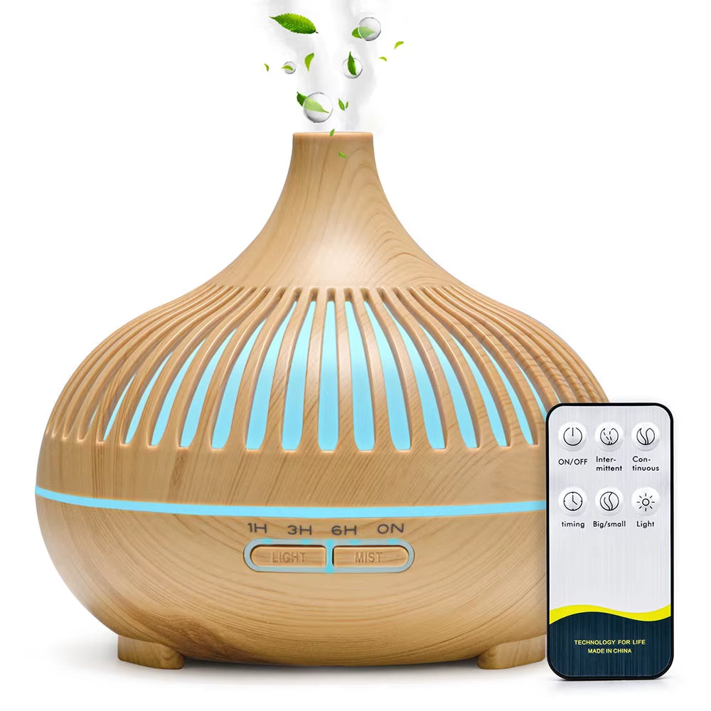 500ML Aromatherapy Essential Oil Diffuser Wood Grain Remote Control Ultrasonic Air Humidifier Cool with 7 Color LED Lights